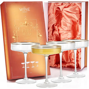 Gilded Crystal Coupe Glasses, Ribbed - Set of 4