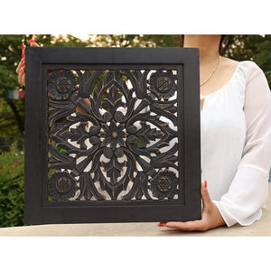 Handcrafted Lotus Wood Wall Panel Decor Hanging Art 16" X 16"  Black