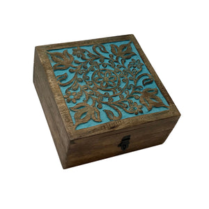 Hand-Carved Wood Turquoise Hinged Square Table Box