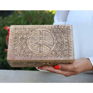 Hand Carved Peace Sign Jewelry Trinket Keepsake Wooden Storage Box  Large